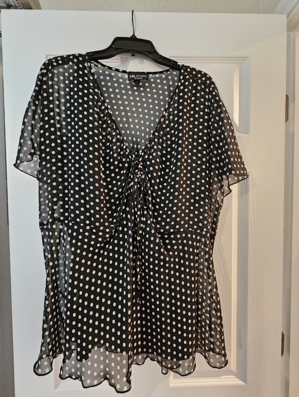 Sheer Black Blouse With White Polka Dots